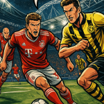 Comic-Illustration eines Champions-League-Finales im Wembley-Stadion bei Nacht: Thomas Müller im roten FC-Bayern-Trikot dribbelt entschlossen mit dem Ball, flankiert von Arjen Robben und weiteren Mitspielern, während ihm Robert Lewandowski und Borussia-Dortmund-Spieler im gelb-schwarzen Trikot entgegentreten. Im Hintergrund leuchtet das ikonische Stadion, eine Sprechblase ruft: „Diesmal holen wir uns den Titel!“