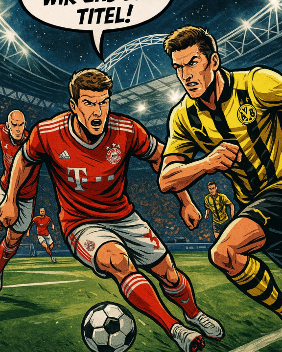 Comic-Illustration eines Champions-League-Finales im Wembley-Stadion bei Nacht: Thomas Müller im roten FC-Bayern-Trikot dribbelt entschlossen mit dem Ball, flankiert von Arjen Robben und weiteren Mitspielern, während ihm Robert Lewandowski und Borussia-Dortmund-Spieler im gelb-schwarzen Trikot entgegentreten. Im Hintergrund leuchtet das ikonische Stadion, eine Sprechblase ruft: „Diesmal holen wir uns den Titel!“