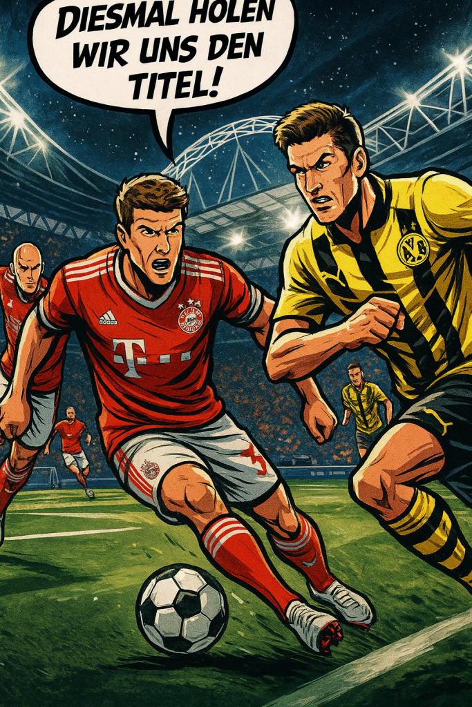 Comic-Illustration eines Champions-League-Finales im Wembley-Stadion bei Nacht: Thomas Müller im roten FC-Bayern-Trikot dribbelt entschlossen mit dem Ball, flankiert von Arjen Robben und weiteren Mitspielern, während ihm Robert Lewandowski und Borussia-Dortmund-Spieler im gelb-schwarzen Trikot entgegentreten. Im Hintergrund leuchtet das ikonische Stadion, eine Sprechblase ruft: „Diesmal holen wir uns den Titel!“