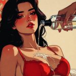 Illustrierte Frau in roter Wäsche mit Champagnerglas, erotische Kunstwerk-Grafik