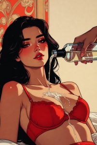 Illustrierte Frau in roter Wäsche mit Champagnerglas, erotische Kunstwerk-Grafik