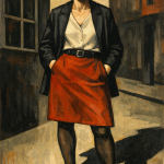 Porträt einer Frau in rotem Rock und schwarzem Blazer, Bowler-Hut, selbstbewusste Pose in urbaner Straßenszenerie, Express…