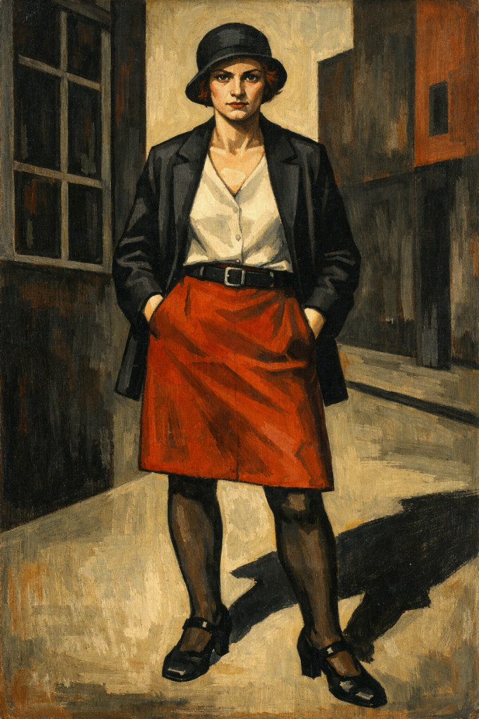 Porträt einer Frau in rotem Rock und schwarzem Blazer, Bowler-Hut, selbstbewusste Pose in urbaner Straßenszenerie, Express…