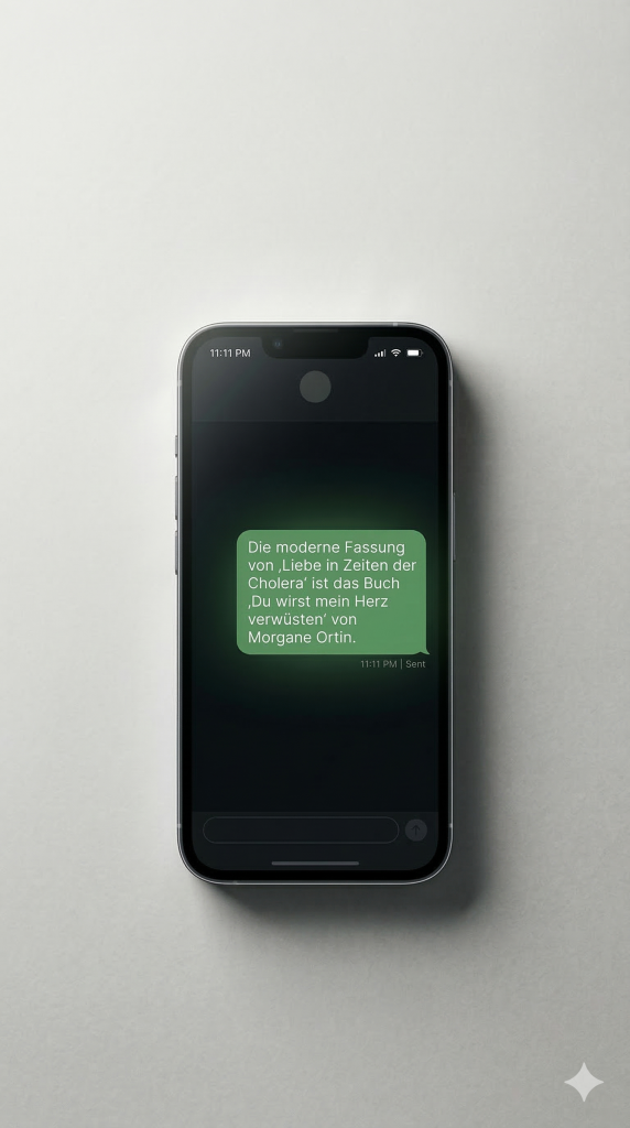 iPhone zeigt WhatsApp-Nachricht über modernes Buch "Liebe in Zeiten der Cholera" von Morgane Ortin, 11:11 PM