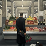Ein Mann in dunklem Mantel steht mit dem Rücken zur Betrachtenden in einer nüchternen Markthalle vor einer reich bestückten Frischetheke mit Obst, Gemüse, Brot und Fleisch; in seiner linken Hand hält er hinter dem Rücken einen Strauß roter Rosen und ein geschlossenes Buch, während rechts auf dem grauen Boden eine umgekippte Weinflasche und zerknitterte, beschriebene Zettel liegen, was der Szene eine nachdenkliche, leicht melancholische Stimmung verleiht. [1](https://ppl-ai-file-upload.s3.amazonaws.com/web/direct-files/attachments/images/53958998/2b54e715-7440-4c94-8940-f8b29a15a194/Kleinmarkthalle_gedicht.jpg?AWSAccessKeyId=ASIA2F3EMEYEY3IITUOT&Signature=wYYGzOaFwqRJzuGWT0wZmSh%2B4GU%3D&x-amz-security-token=IQoJb3JpZ2luX2VjED0aCXVzLWVhc3QtMSJIMEYCIQDWILw9%2FmK%2FKeJWiz5hWEYnSlSKbdbHgmQYgbHmugVmwgIhAMbXy2bKlKJjOgS9E9qsInnc6N6li%2Bl5eaBmjgtVC2FJKvMECAYQARoMNjk5NzUzMzA5NzA1IgwwU%2FpeHv%2B2VbsZ8dAq0AT1BAjoWsVykTw6wpf%2F50sdKBCv2DhSJkthOUEnZogOGyfjq3TqNG7t40EFd4CiUKvKk8XOzN%2BmuafpjDxrLct6yw%2FOPZ0PA6sAqHibOEMyXUtljQZzPEbJOn44ON%2BNqzHoLm4n6I1uMjyWCogg1mKTKK8R%2FczjGSMKzTv9AZweg1l6SmB%2FBzbX3LQ7acOkG3gKu03w5heauOIcLJnGnvXQuhHnT8SayhmfWBA2a2puMZ8nojpbDaxdfihbuA3dgyNzqwUyw8VXUYMCU0Rf6Ryf8zDpAIniFF7Fwe%2FyRnmz%2B2IOwarm2WH1i9SnVRB2%2Bzdp4bm5sTwE12TkKx%2BwsnSpmX7ii%2FYiZwqQ6E%2FxedPQ9tq%2FsNfUQkRXnBnl4WfAGUETBPJ%2FtkEsaE7NzMlX2LluZ%2B4ld7VD03Cvp%2F4N1COOyNJIH3ivuGNkHQU0WDbi9pRlOIkhmKQMtqhnNES%2FcWo4bWyslq8qM%2Bw2RNzkvyceyZsu4Xwbf3Gg2gVNXq%2F9MGVl%2FW6pp1ajLySTPWaVAuXpREYzKJonbXg6HuEYGOQ34HVWFKfjlVUIUHI2mT584Q%2BBOaAZdlRvawOqczUkaYIquZBdoNa6CIrvwEOhqhDfNbXgs4wb%2BdtQoZGcBD5mL7tZFi57XsdwAakemPZ3iKcK7Wu6zewQjgv9dV7WT7Jjh3lYEjn7c2uQNmWbVOMW29N%2BUHM%2FUWEPJP6y6zbBVZWVJ8sf1kYkrekKNQ21bArCE%2BPQqvBWFNMm953k6KKP1grjCmSNAJkeMlwXuBnLVDBhMI78t8kGOpcBId9TCh3nLmNaogqfF88aK8ftZLZgCKBY61BTig4UGINy8EK2i5Q%2B%2FjQXNUoi2vgY3FG0yYfucB7dd8Z9JNaoe4LLXdo7I3qWsKEGxu1DkfWW1j%2BduiLd22B853V7v3zeCm9jToxFTS5JGc60cxyVPTt0jwqD1W6P79svVMvhvz03Dts%2FOwRvb90ZE6me1EDzmAlg1M%2B%2FdQ%3D%3D&Expires=1764623491)