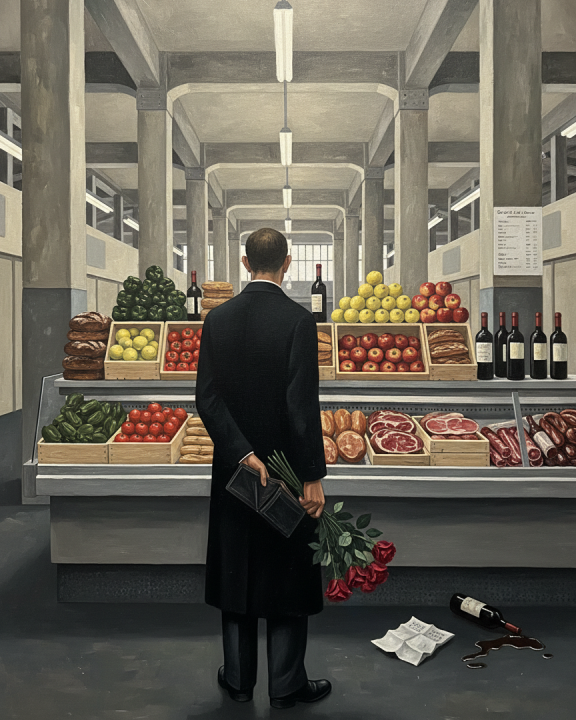 Ein Mann in dunklem Mantel steht mit dem Rücken zur Betrachtenden in einer nüchternen Markthalle vor einer reich bestückten Frischetheke mit Obst, Gemüse, Brot und Fleisch; in seiner linken Hand hält er hinter dem Rücken einen Strauß roter Rosen und ein geschlossenes Buch, während rechts auf dem grauen Boden eine umgekippte Weinflasche und zerknitterte, beschriebene Zettel liegen, was der Szene eine nachdenkliche, leicht melancholische Stimmung verleiht. [1](https://ppl-ai-file-upload.s3.amazonaws.com/web/direct-files/attachments/images/53958998/2b54e715-7440-4c94-8940-f8b29a15a194/Kleinmarkthalle_gedicht.jpg?AWSAccessKeyId=ASIA2F3EMEYEY3IITUOT&Signature=wYYGzOaFwqRJzuGWT0wZmSh%2B4GU%3D&x-amz-security-token=IQoJb3JpZ2luX2VjED0aCXVzLWVhc3QtMSJIMEYCIQDWILw9%2FmK%2FKeJWiz5hWEYnSlSKbdbHgmQYgbHmugVmwgIhAMbXy2bKlKJjOgS9E9qsInnc6N6li%2Bl5eaBmjgtVC2FJKvMECAYQARoMNjk5NzUzMzA5NzA1IgwwU%2FpeHv%2B2VbsZ8dAq0AT1BAjoWsVykTw6wpf%2F50sdKBCv2DhSJkthOUEnZogOGyfjq3TqNG7t40EFd4CiUKvKk8XOzN%2BmuafpjDxrLct6yw%2FOPZ0PA6sAqHibOEMyXUtljQZzPEbJOn44ON%2BNqzHoLm4n6I1uMjyWCogg1mKTKK8R%2FczjGSMKzTv9AZweg1l6SmB%2FBzbX3LQ7acOkG3gKu03w5heauOIcLJnGnvXQuhHnT8SayhmfWBA2a2puMZ8nojpbDaxdfihbuA3dgyNzqwUyw8VXUYMCU0Rf6Ryf8zDpAIniFF7Fwe%2FyRnmz%2B2IOwarm2WH1i9SnVRB2%2Bzdp4bm5sTwE12TkKx%2BwsnSpmX7ii%2FYiZwqQ6E%2FxedPQ9tq%2FsNfUQkRXnBnl4WfAGUETBPJ%2FtkEsaE7NzMlX2LluZ%2B4ld7VD03Cvp%2F4N1COOyNJIH3ivuGNkHQU0WDbi9pRlOIkhmKQMtqhnNES%2FcWo4bWyslq8qM%2Bw2RNzkvyceyZsu4Xwbf3Gg2gVNXq%2F9MGVl%2FW6pp1ajLySTPWaVAuXpREYzKJonbXg6HuEYGOQ34HVWFKfjlVUIUHI2mT584Q%2BBOaAZdlRvawOqczUkaYIquZBdoNa6CIrvwEOhqhDfNbXgs4wb%2BdtQoZGcBD5mL7tZFi57XsdwAakemPZ3iKcK7Wu6zewQjgv9dV7WT7Jjh3lYEjn7c2uQNmWbVOMW29N%2BUHM%2FUWEPJP6y6zbBVZWVJ8sf1kYkrekKNQ21bArCE%2BPQqvBWFNMm953k6KKP1grjCmSNAJkeMlwXuBnLVDBhMI78t8kGOpcBId9TCh3nLmNaogqfF88aK8ftZLZgCKBY61BTig4UGINy8EK2i5Q%2B%2FjQXNUoi2vgY3FG0yYfucB7dd8Z9JNaoe4LLXdo7I3qWsKEGxu1DkfWW1j%2BduiLd22B853V7v3zeCm9jToxFTS5JGc60cxyVPTt0jwqD1W6P79svVMvhvz03Dts%2FOwRvb90ZE6me1EDzmAlg1M%2B%2FdQ%3D%3D&Expires=1764623491)