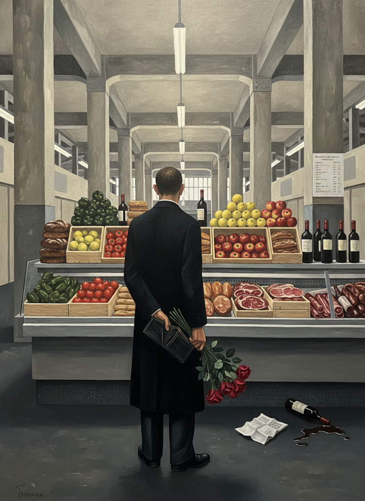 Ein Mann in dunklem Mantel steht mit dem Rücken zur Betrachtenden in einer nüchternen Markthalle vor einer reich bestückten Frischetheke mit Obst, Gemüse, Brot und Fleisch; in seiner linken Hand hält er hinter dem Rücken einen Strauß roter Rosen und ein geschlossenes Buch, während rechts auf dem grauen Boden eine umgekippte Weinflasche und zerknitterte, beschriebene Zettel liegen, was der Szene eine nachdenkliche, leicht melancholische Stimmung verleiht. [1](https://ppl-ai-file-upload.s3.amazonaws.com/web/direct-files/attachments/images/53958998/2b54e715-7440-4c94-8940-f8b29a15a194/Kleinmarkthalle_gedicht.jpg?AWSAccessKeyId=ASIA2F3EMEYEY3IITUOT&Signature=wYYGzOaFwqRJzuGWT0wZmSh%2B4GU%3D&x-amz-security-token=IQoJb3JpZ2luX2VjED0aCXVzLWVhc3QtMSJIMEYCIQDWILw9%2FmK%2FKeJWiz5hWEYnSlSKbdbHgmQYgbHmugVmwgIhAMbXy2bKlKJjOgS9E9qsInnc6N6li%2Bl5eaBmjgtVC2FJKvMECAYQARoMNjk5NzUzMzA5NzA1IgwwU%2FpeHv%2B2VbsZ8dAq0AT1BAjoWsVykTw6wpf%2F50sdKBCv2DhSJkthOUEnZogOGyfjq3TqNG7t40EFd4CiUKvKk8XOzN%2BmuafpjDxrLct6yw%2FOPZ0PA6sAqHibOEMyXUtljQZzPEbJOn44ON%2BNqzHoLm4n6I1uMjyWCogg1mKTKK8R%2FczjGSMKzTv9AZweg1l6SmB%2FBzbX3LQ7acOkG3gKu03w5heauOIcLJnGnvXQuhHnT8SayhmfWBA2a2puMZ8nojpbDaxdfihbuA3dgyNzqwUyw8VXUYMCU0Rf6Ryf8zDpAIniFF7Fwe%2FyRnmz%2B2IOwarm2WH1i9SnVRB2%2Bzdp4bm5sTwE12TkKx%2BwsnSpmX7ii%2FYiZwqQ6E%2FxedPQ9tq%2FsNfUQkRXnBnl4WfAGUETBPJ%2FtkEsaE7NzMlX2LluZ%2B4ld7VD03Cvp%2F4N1COOyNJIH3ivuGNkHQU0WDbi9pRlOIkhmKQMtqhnNES%2FcWo4bWyslq8qM%2Bw2RNzkvyceyZsu4Xwbf3Gg2gVNXq%2F9MGVl%2FW6pp1ajLySTPWaVAuXpREYzKJonbXg6HuEYGOQ34HVWFKfjlVUIUHI2mT584Q%2BBOaAZdlRvawOqczUkaYIquZBdoNa6CIrvwEOhqhDfNbXgs4wb%2BdtQoZGcBD5mL7tZFi57XsdwAakemPZ3iKcK7Wu6zewQjgv9dV7WT7Jjh3lYEjn7c2uQNmWbVOMW29N%2BUHM%2FUWEPJP6y6zbBVZWVJ8sf1kYkrekKNQ21bArCE%2BPQqvBWFNMm953k6KKP1grjCmSNAJkeMlwXuBnLVDBhMI78t8kGOpcBId9TCh3nLmNaogqfF88aK8ftZLZgCKBY61BTig4UGINy8EK2i5Q%2B%2FjQXNUoi2vgY3FG0yYfucB7dd8Z9JNaoe4LLXdo7I3qWsKEGxu1DkfWW1j%2BduiLd22B853V7v3zeCm9jToxFTS5JGc60cxyVPTt0jwqD1W6P79svVMvhvz03Dts%2FOwRvb90ZE6me1EDzmAlg1M%2B%2FdQ%3D%3D&Expires=1764623491)
