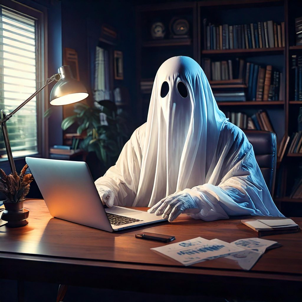 Firefly-Ein-Geist-sitzt-an-einem-Schreibtisch-vor-einem-Laptop.-Er-sitzt-in-einem-klassischen-Buero.