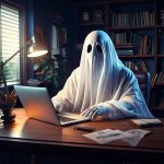 Firefly-Ein-Geist-sitzt-an-einem-Schreibtisch-vor-einem-Laptop.-Er-sitzt-in-einem-klassischen-Buero.