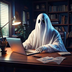 Firefly-Ein-Geist-sitzt-an-einem-Schreibtisch-vor-einem-Laptop.-Er-sitzt-in-einem-klassischen-Buero.