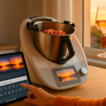 Interaktiver Lifestyle-Moment: Person bedient gleichzeitig digitale KI-Werkzeuge, moderne Küchentechnologie und genießt einen feinen Rosé. Die perfekte Visualisierung unseres Newsletters 'Smart prompting, smart cooking, smart sipping', der Kreativität, Kulinarik und Genuss in der digitalen Ära vereint