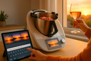 Interaktiver Lifestyle-Moment: Person bedient gleichzeitig digitale KI-Werkzeuge, moderne Küchentechnologie und genießt einen feinen Rosé. Die perfekte Visualisierung unseres Newsletters 'Smart prompting, smart cooking, smart sipping', der Kreativität, Kulinarik und Genuss in der digitalen Ära vereint