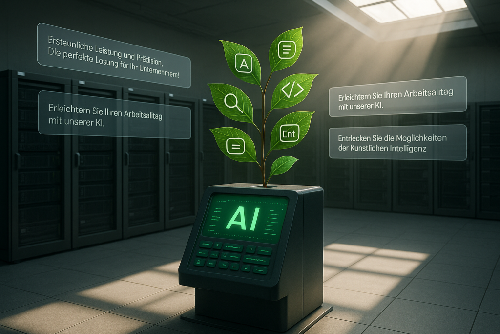 Ein moderner Rechenzentrumsraum, in dessen Mitte eine KI-Konsole mit grün leuchtender Oberfläche steht. Daraus wächst eine Pflanze mit Tastensymbol-Blättern. Im Hintergrund schweben strukturierte Eingaben über abgeschalteten Serverracks. Licht fällt durch ein Fenster