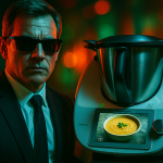 A hyper-realistic digital portrait of a middle-aged man with short brown and gray hair, wearing dark sunglasses and a suit, standing next to a modern Thermomix appliance. The Thermomix has a brightly lit touchscreen showing a soup recipe. The background is filled with vibrant neon colors (greens, reds, oranges) in a bokeh style, creating a futuristic kitchen atmosphere. The lighting is cinematic, with strong reflections and high contrast. The overall aesthetic is intense, techy, and visually striking — like a secret agent meets high-end cooking technology