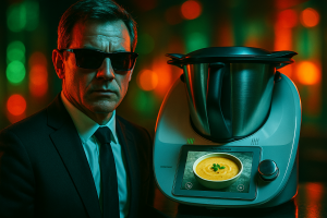 A hyper-realistic digital portrait of a middle-aged man with short brown and gray hair, wearing dark sunglasses and a suit, standing next to a modern Thermomix appliance. The Thermomix has a brightly lit touchscreen showing a soup recipe. The background is filled with vibrant neon colors (greens, reds, oranges) in a bokeh style, creating a futuristic kitchen atmosphere. The lighting is cinematic, with strong reflections and high contrast. The overall aesthetic is intense, techy, and visually striking — like a secret agent meets high-end cooking technology