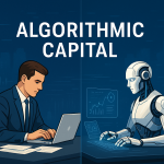 Das Bild ist in zwei Hälften geteilt und trägt zentral in großen, weißen Großbuchstaben den Titel „Algorithmic Capital“. Links sitzt ein männlicher Büroangestellter im Anzug an einem Schreibtisch. Vor ihm liegen Papierdokumente, eine Kaffeetasse und ein aufgeklappter Laptop, auf den er konzentriert blickt. Die rechte Bildhälfte zeigt einen humanoiden Roboter mit weiß-metallischem Körperbau, der an einem identischen Schreibtisch sitzt. Der Roboter arbeitet mit einem holographischen Interface, auf dem Diagramme und Datenvisualisierungen zu sehen sind. Im Hintergrund beider Hälften ist eine stilisierte, digitale Skyline mit abstrakten Balkendiagrammen zu erkennen. Die dominante Farbwelt besteht aus Blau-, Grau- und Weißtönen. Die Szene visualisiert symbolisch den Wettbewerb zwischen Mensch und Maschine in der modernen Arbeitswelt.