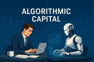 Das Bild ist in zwei Hälften geteilt und trägt zentral in großen, weißen Großbuchstaben den Titel „Algorithmic Capital“. Links sitzt ein männlicher Büroangestellter im Anzug an einem Schreibtisch. Vor ihm liegen Papierdokumente, eine Kaffeetasse und ein aufgeklappter Laptop, auf den er konzentriert blickt. Die rechte Bildhälfte zeigt einen humanoiden Roboter mit weiß-metallischem Körperbau, der an einem identischen Schreibtisch sitzt. Der Roboter arbeitet mit einem holographischen Interface, auf dem Diagramme und Datenvisualisierungen zu sehen sind. Im Hintergrund beider Hälften ist eine stilisierte, digitale Skyline mit abstrakten Balkendiagrammen zu erkennen. Die dominante Farbwelt besteht aus Blau-, Grau- und Weißtönen. Die Szene visualisiert symbolisch den Wettbewerb zwischen Mensch und Maschine in der modernen Arbeitswelt.