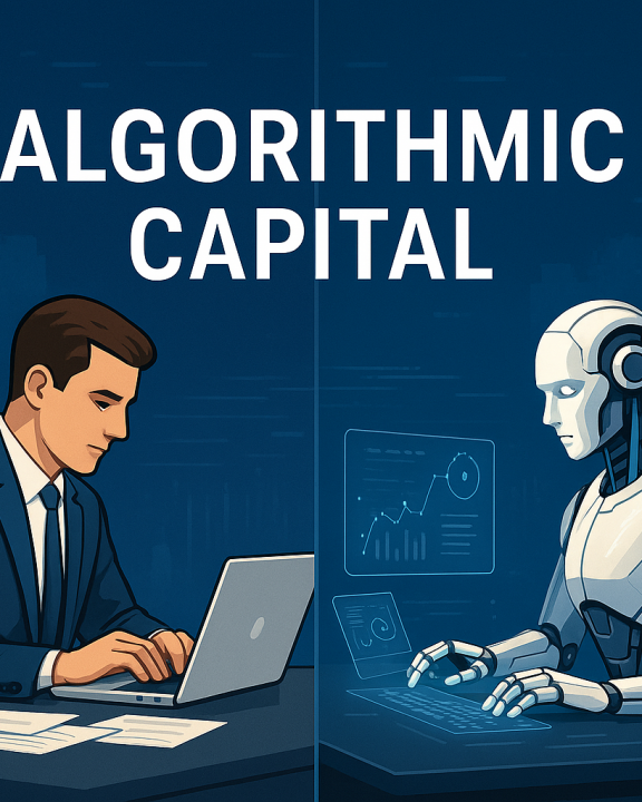 Das Bild ist in zwei Hälften geteilt und trägt zentral in großen, weißen Großbuchstaben den Titel „Algorithmic Capital“. Links sitzt ein männlicher Büroangestellter im Anzug an einem Schreibtisch. Vor ihm liegen Papierdokumente, eine Kaffeetasse und ein aufgeklappter Laptop, auf den er konzentriert blickt. Die rechte Bildhälfte zeigt einen humanoiden Roboter mit weiß-metallischem Körperbau, der an einem identischen Schreibtisch sitzt. Der Roboter arbeitet mit einem holographischen Interface, auf dem Diagramme und Datenvisualisierungen zu sehen sind. Im Hintergrund beider Hälften ist eine stilisierte, digitale Skyline mit abstrakten Balkendiagrammen zu erkennen. Die dominante Farbwelt besteht aus Blau-, Grau- und Weißtönen. Die Szene visualisiert symbolisch den Wettbewerb zwischen Mensch und Maschine in der modernen Arbeitswelt.