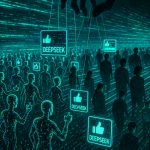 Dystopische Darstellung einer Social-Media-Plattform mit neonblauen Datenströmen. Hunderte glitchende, halbtransparente Avatare bewegen sich synchron und interagieren mit leuchtenden DeepSeek-Logos. Im Hintergrund wird sichtbar, wie die Avatare von unsichtbaren Fäden gesteuert werden, die zu einer schattenhaften Hand führen. Echte Nutzer:innen sind in den Strom der Fake-Interaktionen eingebettet. Die Szene endet mit einem Glitch, der die Illusion zerbrechen lässt.