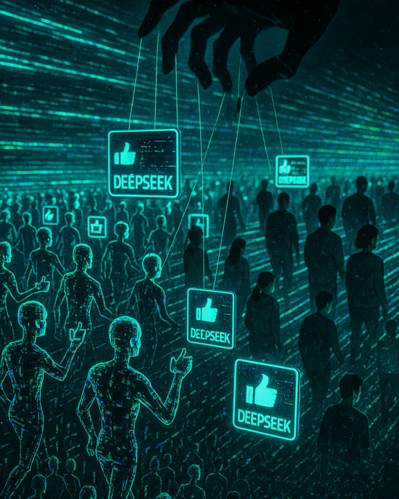 Dystopische Darstellung einer Social-Media-Plattform mit neonblauen Datenströmen. Hunderte glitchende, halbtransparente Avatare bewegen sich synchron und interagieren mit leuchtenden DeepSeek-Logos. Im Hintergrund wird sichtbar, wie die Avatare von unsichtbaren Fäden gesteuert werden, die zu einer schattenhaften Hand führen. Echte Nutzer:innen sind in den Strom der Fake-Interaktionen eingebettet. Die Szene endet mit einem Glitch, der die Illusion zerbrechen lässt.