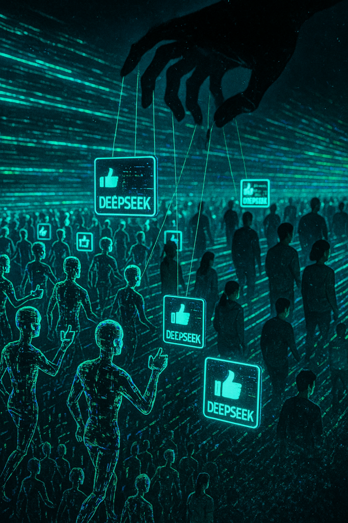 Dystopische Darstellung einer Social-Media-Plattform mit neonblauen Datenströmen. Hunderte glitchende, halbtransparente Avatare bewegen sich synchron und interagieren mit leuchtenden DeepSeek-Logos. Im Hintergrund wird sichtbar, wie die Avatare von unsichtbaren Fäden gesteuert werden, die zu einer schattenhaften Hand führen. Echte Nutzer:innen sind in den Strom der Fake-Interaktionen eingebettet. Die Szene endet mit einem Glitch, der die Illusion zerbrechen lässt.