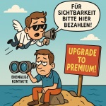Ein Mann sitzt allein auf einer kleinen Insel im Meer, schaut durch ein Fernglas mit der Aufschrift „Ehemalige Kontakte“ und wirkt frustriert. Neben ihm steht ein Schild mit „Upgrade to Premium!“. Über ihm fliegt ein geflügelter Mann im Anzug mit Sonnenbrille, der durch ein Megafon ruft: „Für Sichtbarkeit bitte hier bezahlen!“ – eine satirische Darstellung von Social-Media-Algorithmen und eingeschränkter Reichweite.