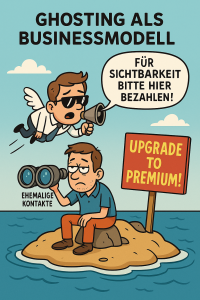 Ein Mann sitzt allein auf einer kleinen Insel im Meer, schaut durch ein Fernglas mit der Aufschrift „Ehemalige Kontakte“ und wirkt frustriert. Neben ihm steht ein Schild mit „Upgrade to Premium!“. Über ihm fliegt ein geflügelter Mann im Anzug mit Sonnenbrille, der durch ein Megafon ruft: „Für Sichtbarkeit bitte hier bezahlen!“ – eine satirische Darstellung von Social-Media-Algorithmen und eingeschränkter Reichweite.