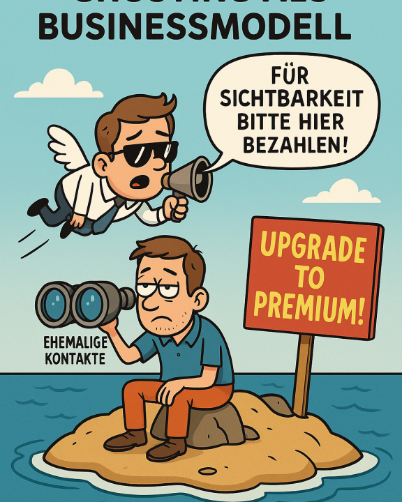 Ein Mann sitzt allein auf einer kleinen Insel im Meer, schaut durch ein Fernglas mit der Aufschrift „Ehemalige Kontakte“ und wirkt frustriert. Neben ihm steht ein Schild mit „Upgrade to Premium!“. Über ihm fliegt ein geflügelter Mann im Anzug mit Sonnenbrille, der durch ein Megafon ruft: „Für Sichtbarkeit bitte hier bezahlen!“ – eine satirische Darstellung von Social-Media-Algorithmen und eingeschränkter Reichweite.