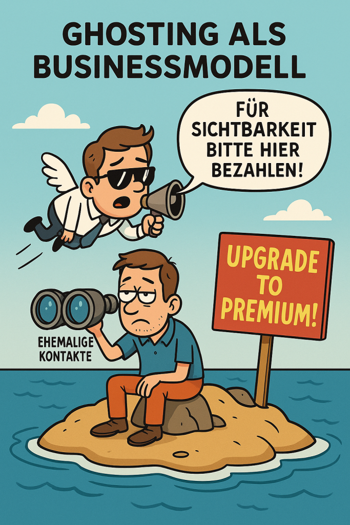 Ein Mann sitzt allein auf einer kleinen Insel im Meer, schaut durch ein Fernglas mit der Aufschrift „Ehemalige Kontakte“ und wirkt frustriert. Neben ihm steht ein Schild mit „Upgrade to Premium!“. Über ihm fliegt ein geflügelter Mann im Anzug mit Sonnenbrille, der durch ein Megafon ruft: „Für Sichtbarkeit bitte hier bezahlen!“ – eine satirische Darstellung von Social-Media-Algorithmen und eingeschränkter Reichweite.
