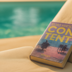 Close-up of a sun lounger beside a turquoise swimming pool in warm daylight. A single paperback book (cover attached) lies on the chair, its cover slightly sun-faded with gentle water stains and softly warped pages, as if touched by poolside humidity. The book cover is in sharp focus; background softly blurred. Minimalist, cinematic, warm tones, no people, no text.