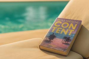 Close-up of a sun lounger beside a turquoise swimming pool in warm daylight. A single paperback book (cover attached) lies on the chair, its cover slightly sun-faded with gentle water stains and softly warped pages, as if touched by poolside humidity. The book cover is in sharp focus; background softly blurred. Minimalist, cinematic, warm tones, no people, no text.