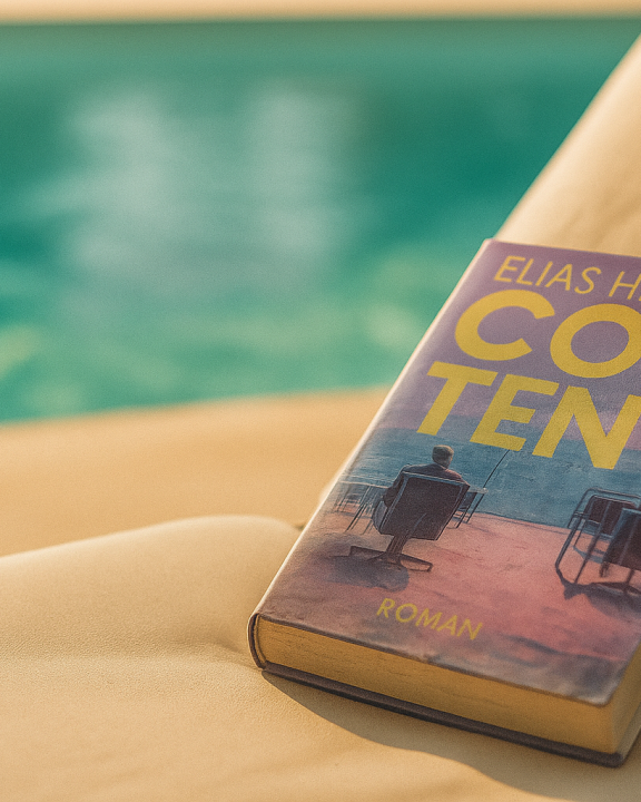 Close-up of a sun lounger beside a turquoise swimming pool in warm daylight. A single paperback book (cover attached) lies on the chair, its cover slightly sun-faded with gentle water stains and softly warped pages, as if touched by poolside humidity. The book cover is in sharp focus; background softly blurred. Minimalist, cinematic, warm tones, no people, no text.