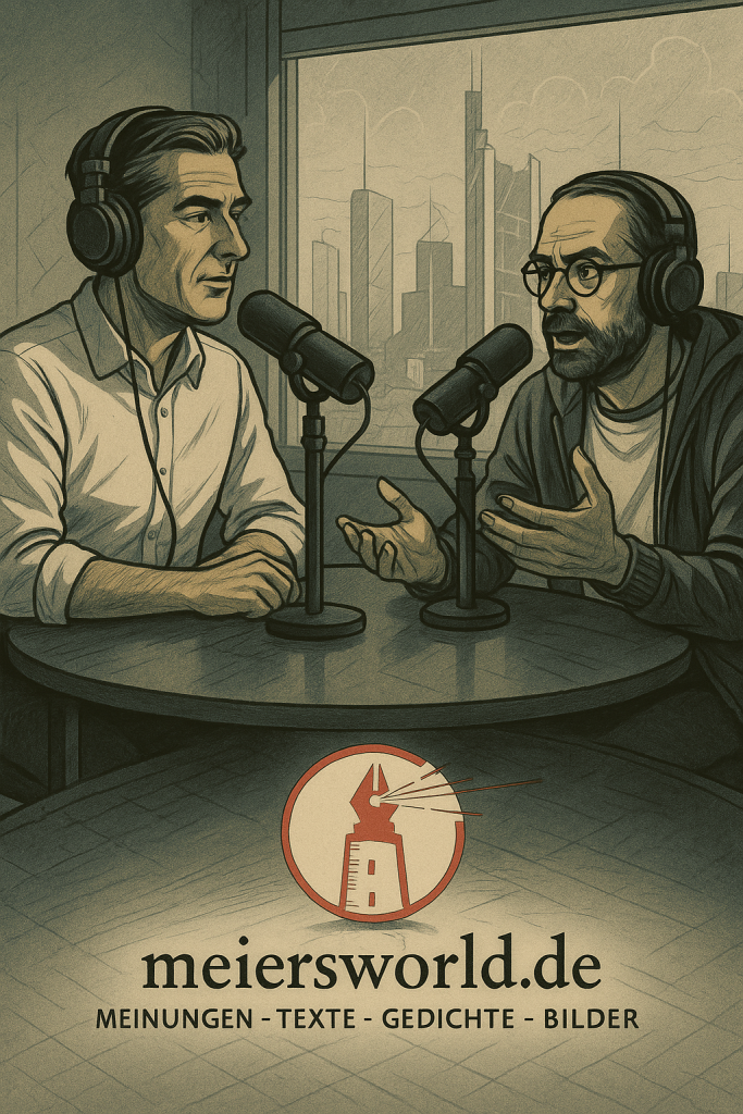 Zwei Männer unterhalten sich im Podcast Studio von meiersworld.de