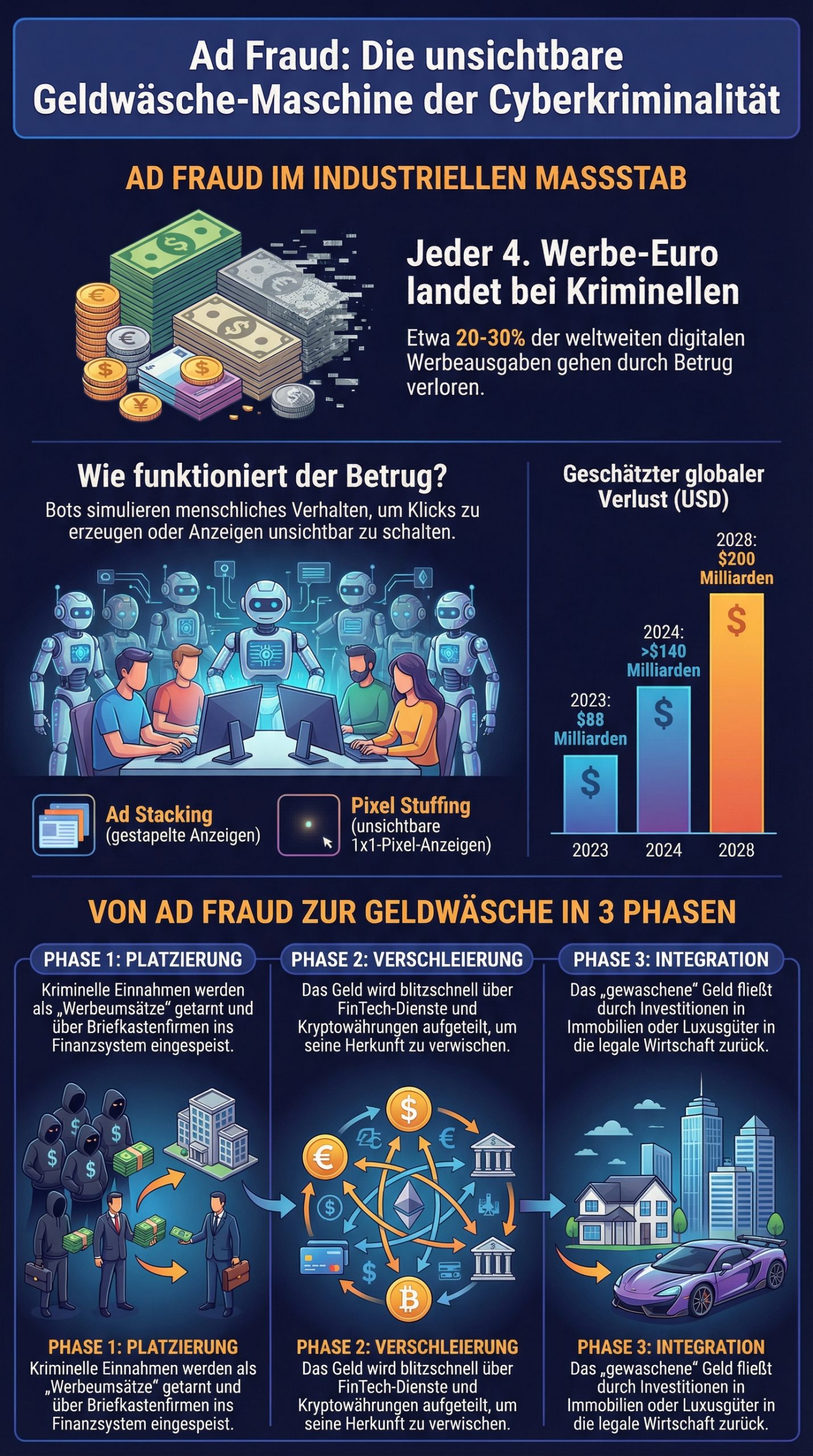 Infografik mit dem Titel "Ad Fraud: Die unsichtbare Geldwäsche-Maschine der Cyberkriminalität". Sie visualisiert das industrielle Ausmaß von Werbebetrug, bei dem schätzungsweise jeder vierte Werbe-Euro gestohlen wird. Ein Balkendiagramm zeigt den steigenden geschätzten globalen Verlust von 88 Mrd. USD (2023) auf prognostizierte 200 Mrd. USD (2028). Der untere Bereich illustriert den dreistufigen Geldwäscheprozess: Phase 1 "Platzierung" (Einspeisung über Briefkastenfirmen), Phase 2 "Verschleierung" (Verteilung über Krypto und FinTech), und Phase 3 "Integration" (Rückfluss in die legale Wirtschaft durch Immobilien und Luxusgüter).