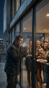 Eine hyperrealistische, vertikale Aufnahme bei Nacht, die den starken Kontrast zwischen Arm und Reich zeigt. Im Vordergrund steht ein Mann in abgenutzter Kleidung draußen im Schneetreiben. Er presst seine Hand und sein Gesicht gegen die riesige Glasfassade eines modernen Luxus-Penthouses. Sein Atem kondensiert am Glas, und von seiner Handfläche gehen deutliche Risse in der Scheibe aus. Im warm erleuchteten Innenraum feiert eine Gruppe elegant gekleideter Menschen ausgelassen mit Champagner und Austern. Eine Frau hält ein Smartphone hoch, um ein Selfie zu machen, wobei die Gruppe den Mann draußen nicht wahrzunehmen scheint. Die Lichter der Stadt spiegeln sich in der nassen, gesprungenen Scheibe.