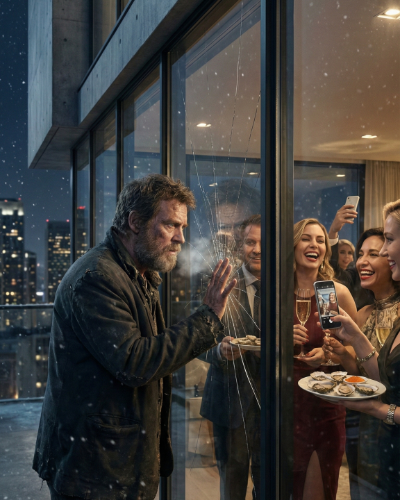 Eine hyperrealistische, vertikale Aufnahme bei Nacht, die den starken Kontrast zwischen Arm und Reich zeigt. Im Vordergrund steht ein Mann in abgenutzter Kleidung draußen im Schneetreiben. Er presst seine Hand und sein Gesicht gegen die riesige Glasfassade eines modernen Luxus-Penthouses. Sein Atem kondensiert am Glas, und von seiner Handfläche gehen deutliche Risse in der Scheibe aus. Im warm erleuchteten Innenraum feiert eine Gruppe elegant gekleideter Menschen ausgelassen mit Champagner und Austern. Eine Frau hält ein Smartphone hoch, um ein Selfie zu machen, wobei die Gruppe den Mann draußen nicht wahrzunehmen scheint. Die Lichter der Stadt spiegeln sich in der nassen, gesprungenen Scheibe.