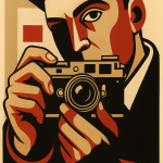 Grafische Illustration im Stil der 1920er-Jahre-Avantgarde. Ein Mann mit Schirmmütze hält eine Kamera direkt vor das Gesicht, als würde er ein Foto aufnehmen. Die Darstellung besteht aus klaren geometrischen Formen, starken Konturen und einer reduzierten Farbpalette aus Rot, Schwarz, Beige und Braun. Der Blick des Mannes ist konzentriert, fast kritisch. Die Szene wirkt wie ein plakatives, konstruktivistisches Poster aus der Weimarer Zeit.