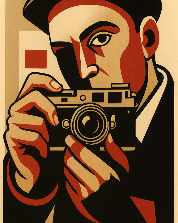 Grafische Illustration im Stil der 1920er-Jahre-Avantgarde. Ein Mann mit Schirmmütze hält eine Kamera direkt vor das Gesicht, als würde er ein Foto aufnehmen. Die Darstellung besteht aus klaren geometrischen Formen, starken Konturen und einer reduzierten Farbpalette aus Rot, Schwarz, Beige und Braun. Der Blick des Mannes ist konzentriert, fast kritisch. Die Szene wirkt wie ein plakatives, konstruktivistisches Poster aus der Weimarer Zeit.