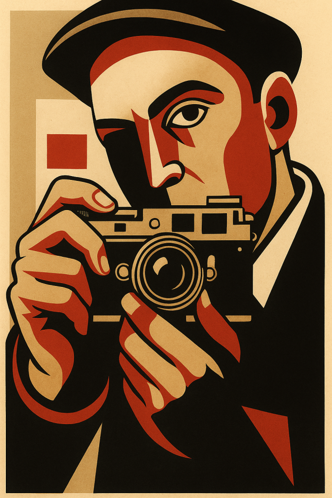 Grafische Illustration im Stil der 1920er-Jahre-Avantgarde. Ein Mann mit Schirmmütze hält eine Kamera direkt vor das Gesicht, als würde er ein Foto aufnehmen. Die Darstellung besteht aus klaren geometrischen Formen, starken Konturen und einer reduzierten Farbpalette aus Rot, Schwarz, Beige und Braun. Der Blick des Mannes ist konzentriert, fast kritisch. Die Szene wirkt wie ein plakatives, konstruktivistisches Poster aus der Weimarer Zeit.