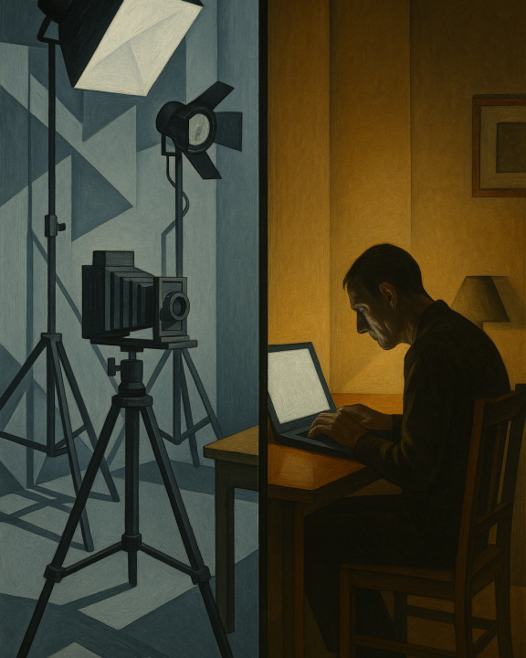 Ein in der Mitte geteiltes Bild zeigt links ein kühl beleuchtetes Fotostudio mit großen Softboxen, Stativ und alter Großformatkamera. Rechts sitzt ein Mann allein in einem warm erleuchteten Raum an einem Tisch und arbeitet konzentriert an einem Laptop. Die Gegenüberstellung wirkt wie ein Kontrast zwischen technischer Außenwelt und introspektiver Innenwelt.