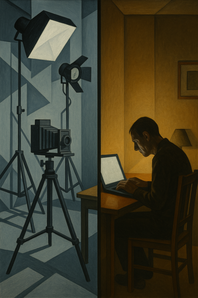 Ein in der Mitte geteiltes Bild zeigt links ein kühl beleuchtetes Fotostudio mit großen Softboxen, Stativ und alter Großformatkamera. Rechts sitzt ein Mann allein in einem warm erleuchteten Raum an einem Tisch und arbeitet konzentriert an einem Laptop. Die Gegenüberstellung wirkt wie ein Kontrast zwischen technischer Außenwelt und introspektiver Innenwelt.