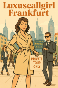 Comiczeichnung im klaren ligne claire Stil: Eine elegante Frau im Frühlingsoutfit steht selbstbewusst auf einem Platz in Frankfurt, umgeben von modernen Hochhäusern. Neben ihr ein stilvoll gekleideter Mann im Anzug, im Hintergrund geschäftige Passanten. Ein Neon-Schild verkündet „Welcome to Mainhattan – Strictly Members Only“. Die Szene spielt augenzwinkernd mit der Metapher „Luxuscallgirl Frankfurt“ und zeigt ein stilisiertes, modisch-urbanes Stadtbild mit satirischem Unterton