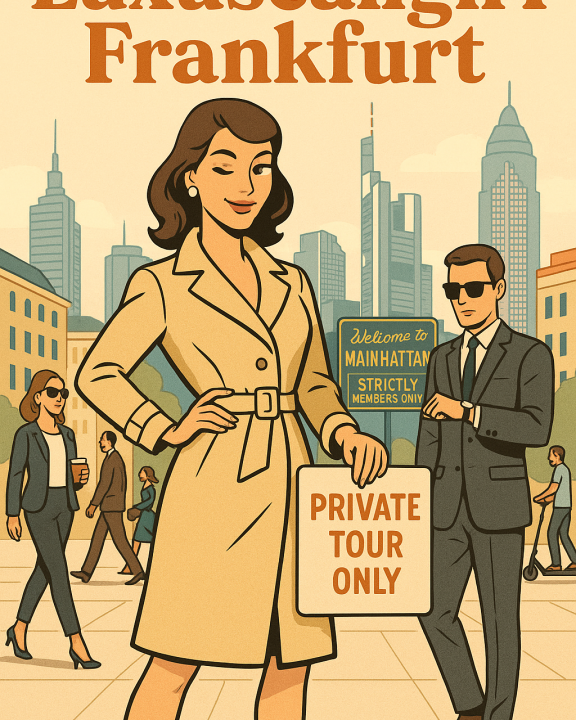Comiczeichnung im klaren ligne claire Stil: Eine elegante Frau im Frühlingsoutfit steht selbstbewusst auf einem Platz in Frankfurt, umgeben von modernen Hochhäusern. Neben ihr ein stilvoll gekleideter Mann im Anzug, im Hintergrund geschäftige Passanten. Ein Neon-Schild verkündet „Welcome to Mainhattan – Strictly Members Only“. Die Szene spielt augenzwinkernd mit der Metapher „Luxuscallgirl Frankfurt“ und zeigt ein stilisiertes, modisch-urbanes Stadtbild mit satirischem Unterton