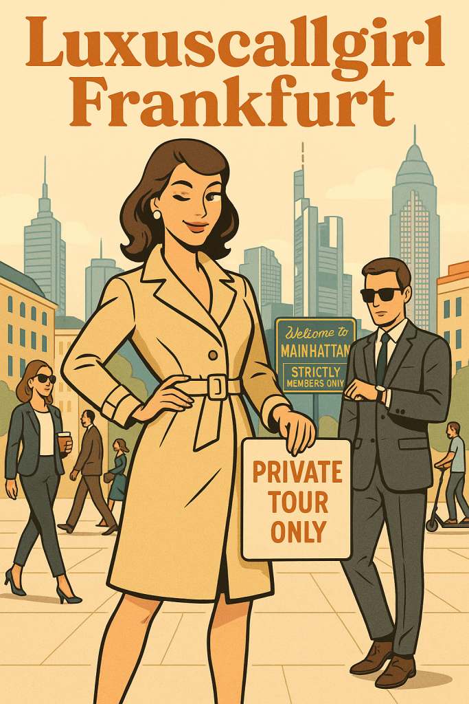 Comiczeichnung im klaren ligne claire Stil: Eine elegante Frau im Frühlingsoutfit steht selbstbewusst auf einem Platz in Frankfurt, umgeben von modernen Hochhäusern. Neben ihr ein stilvoll gekleideter Mann im Anzug, im Hintergrund geschäftige Passanten. Ein Neon-Schild verkündet „Welcome to Mainhattan – Strictly Members Only“. Die Szene spielt augenzwinkernd mit der Metapher „Luxuscallgirl Frankfurt“ und zeigt ein stilisiertes, modisch-urbanes Stadtbild mit satirischem Unterton