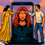 Comiczeichnung im Hochformat: Ein Mann und eine Frau stehen auf einem schwebenden Smartphone, das in einer Wolkenlandschaft liegt. Aus dem Bildschirm erscheint eine rotgelockte, leuchtende KI-Frau. Beide Menschen berühren mit ausgestrecktem Finger ihre Stirn. Der Himmel ist in Pastellfarben gehalten – Rosa, Lila und Orange. Stilistisch erinnert das Bild an Pop-Art und Retro-Sci-Fi-Comics.