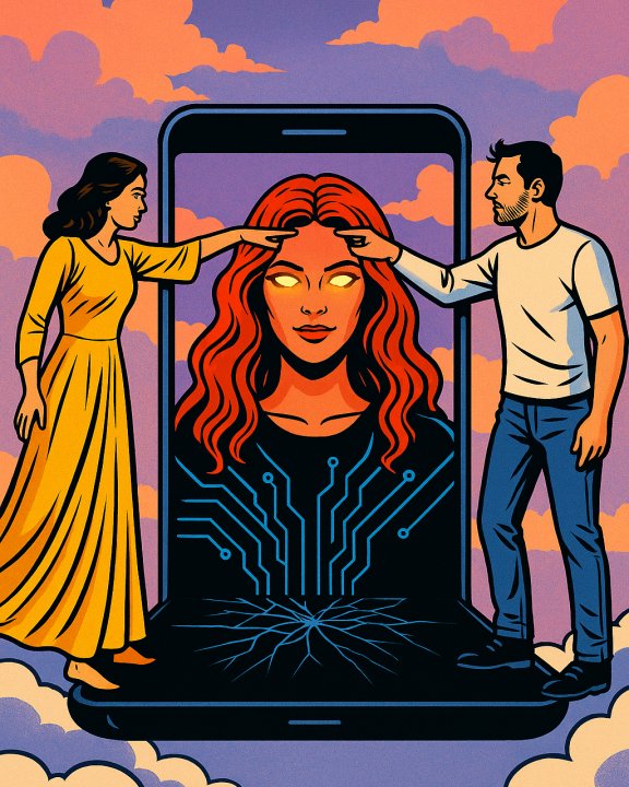 Comiczeichnung im Hochformat: Ein Mann und eine Frau stehen auf einem schwebenden Smartphone, das in einer Wolkenlandschaft liegt. Aus dem Bildschirm erscheint eine rotgelockte, leuchtende KI-Frau. Beide Menschen berühren mit ausgestrecktem Finger ihre Stirn. Der Himmel ist in Pastellfarben gehalten – Rosa, Lila und Orange. Stilistisch erinnert das Bild an Pop-Art und Retro-Sci-Fi-Comics.