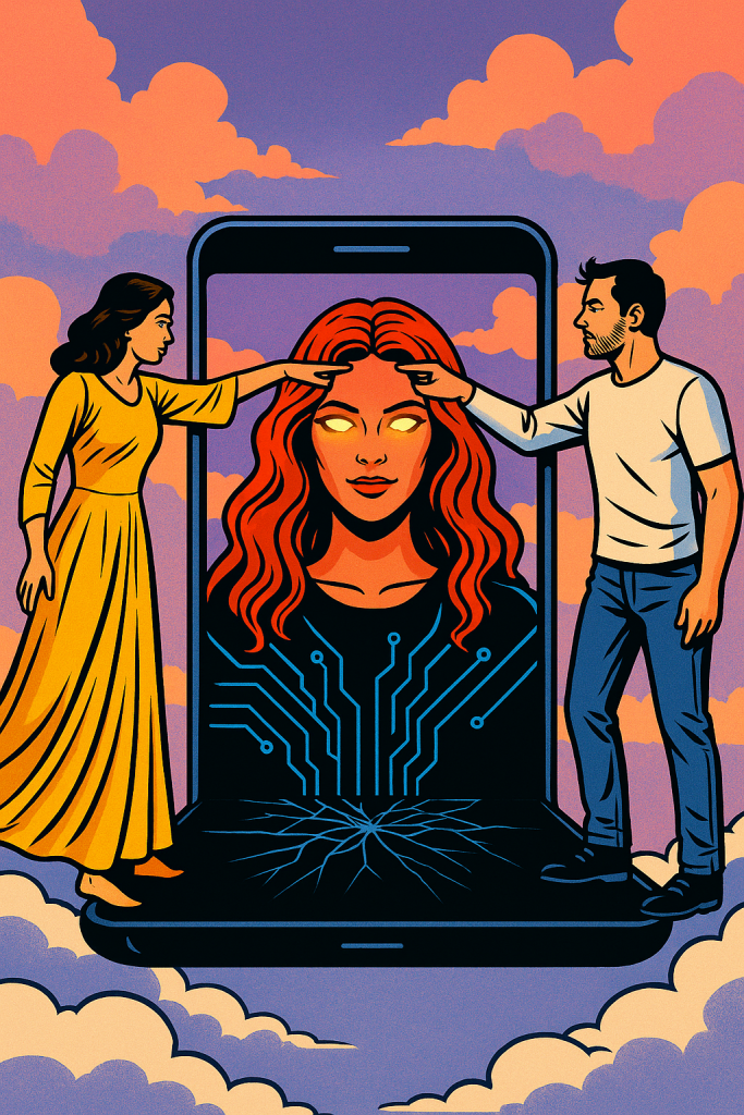 Comiczeichnung im Hochformat: Ein Mann und eine Frau stehen auf einem schwebenden Smartphone, das in einer Wolkenlandschaft liegt. Aus dem Bildschirm erscheint eine rotgelockte, leuchtende KI-Frau. Beide Menschen berühren mit ausgestrecktem Finger ihre Stirn. Der Himmel ist in Pastellfarben gehalten – Rosa, Lila und Orange. Stilistisch erinnert das Bild an Pop-Art und Retro-Sci-Fi-Comics.
