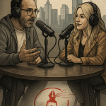 Illustration eines Podcast-Interviews: Ein Mann und eine Frau sitzen sich an einem runden Tisch gegenüber, beide tragen Kopfhörer und sprechen in Mikrofone. Im Hintergrund ist die Skyline von Frankfurt am Main zu sehen. Auf dem Boden vor dem Tisch befindet sich das Logo der Website meiersworld.de, das einen stilisierten Leuchtturm mit einer Schreibfeder als Spitze zeigt, aus dem Sprechwellen strahlen. Darunter steht: „meiersworld.de – Meinungen, Texte, Gedichte, Bilder