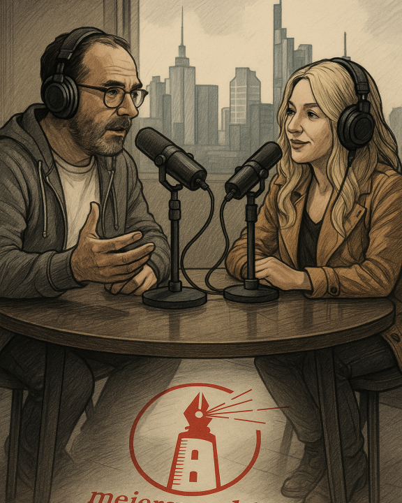 Illustration eines Podcast-Interviews: Ein Mann und eine Frau sitzen sich an einem runden Tisch gegenüber, beide tragen Kopfhörer und sprechen in Mikrofone. Im Hintergrund ist die Skyline von Frankfurt am Main zu sehen. Auf dem Boden vor dem Tisch befindet sich das Logo der Website meiersworld.de, das einen stilisierten Leuchtturm mit einer Schreibfeder als Spitze zeigt, aus dem Sprechwellen strahlen. Darunter steht: „meiersworld.de – Meinungen, Texte, Gedichte, Bilder