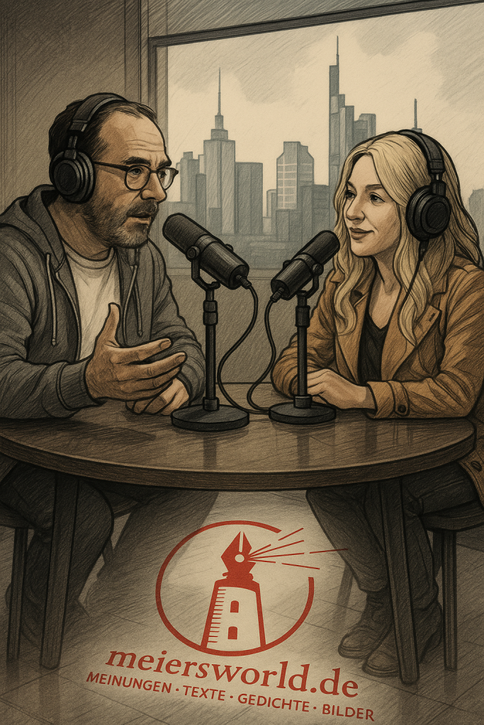 Illustration eines Podcast-Interviews: Ein Mann und eine Frau sitzen sich an einem runden Tisch gegenüber, beide tragen Kopfhörer und sprechen in Mikrofone. Im Hintergrund ist die Skyline von Frankfurt am Main zu sehen. Auf dem Boden vor dem Tisch befindet sich das Logo der Website meiersworld.de, das einen stilisierten Leuchtturm mit einer Schreibfeder als Spitze zeigt, aus dem Sprechwellen strahlen. Darunter steht: „meiersworld.de – Meinungen, Texte, Gedichte, Bilder